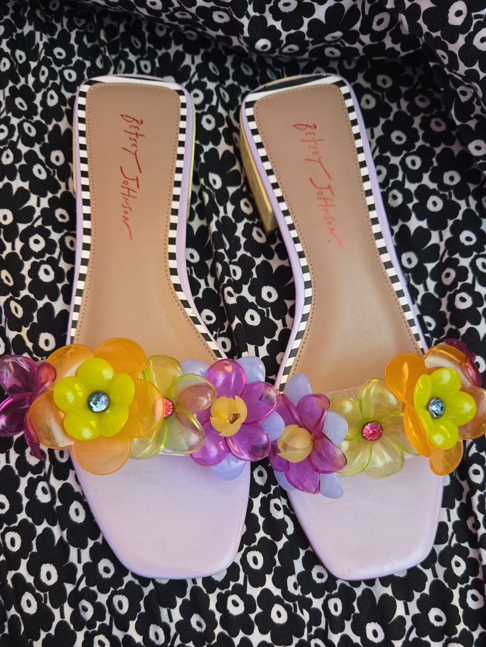 Betsey Johnson Pastel Pink Slide Sandals with Multicolor Floral Embellishments